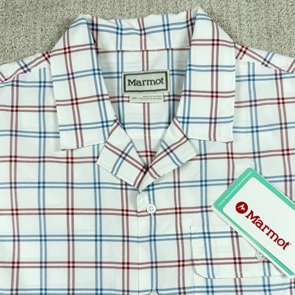 NEW Marmot Mens Medium Pearl Windowpane AirExchange UPF 40 Camp Novelty SS Shirt